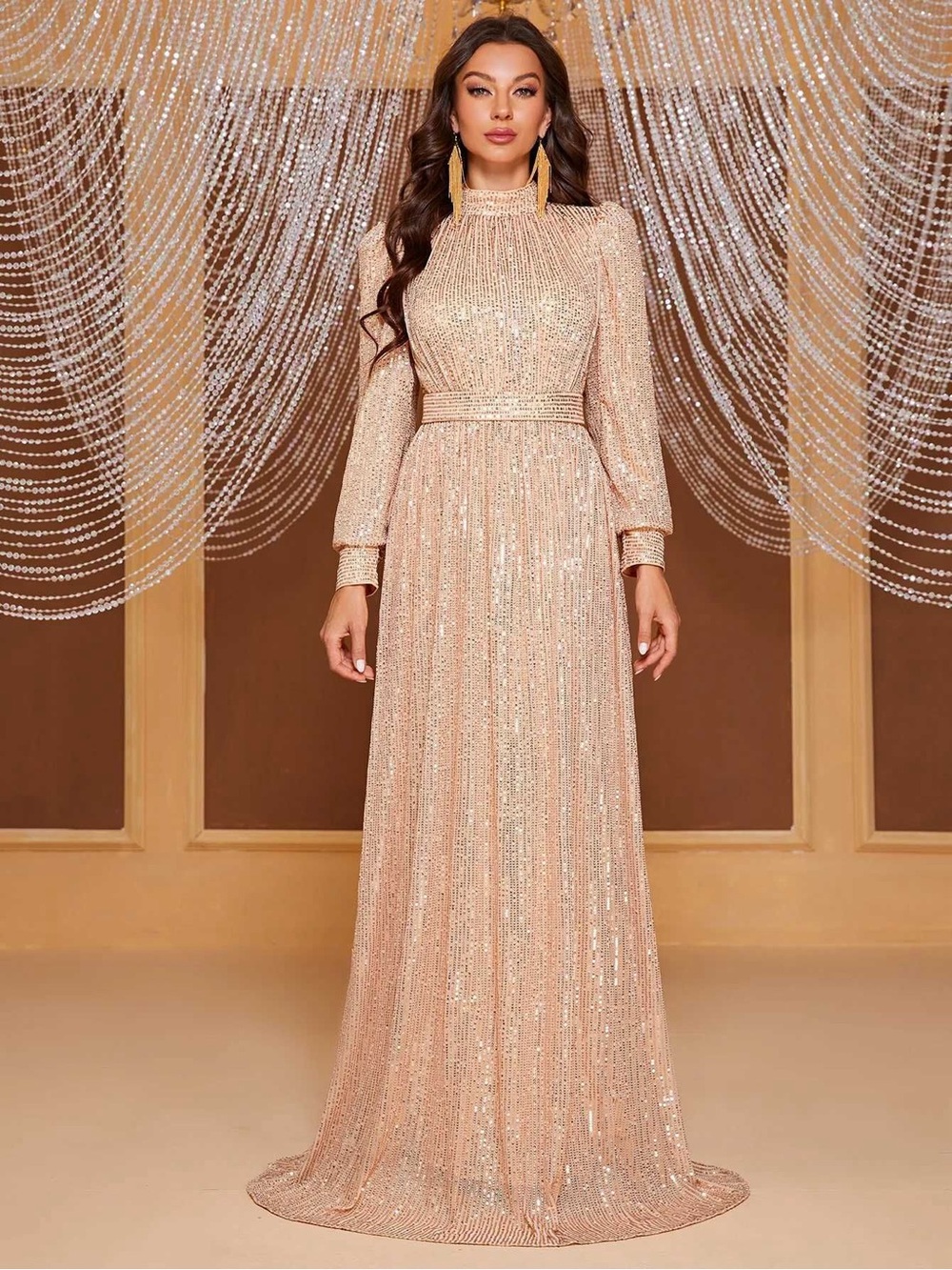 Giffinseth Champagne Mock Neck Sequin Dress